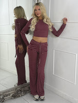 Striped Long Sleeve Top & Wide Leg Pants Co-Ord - Wine/White
