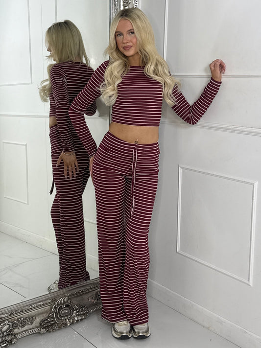 Striped Long Sleeve Top & Wide Leg Pants Co-Ord - Wine/White