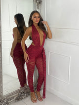 Lucia Lace Halter Jumpsuit - Wine
