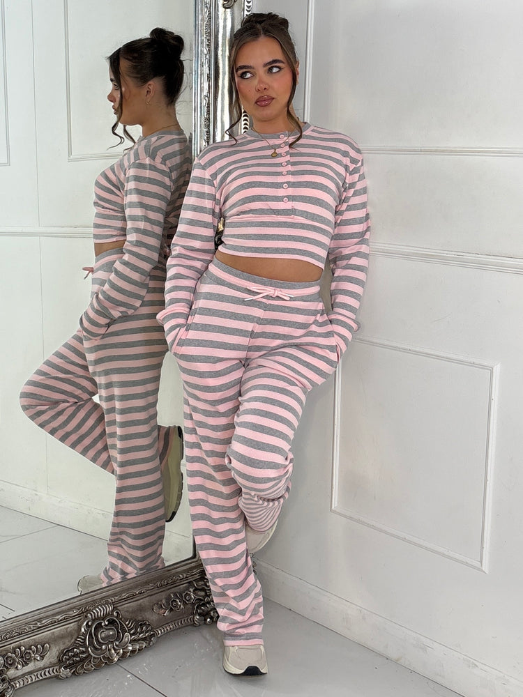 Ribbed Button Up Cinch Waist Co-Ord - Pink Stripe