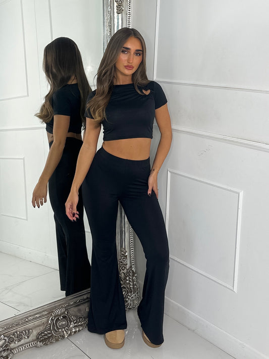 Heart Detail Crop Top & Wide Leg Pants Set - Black