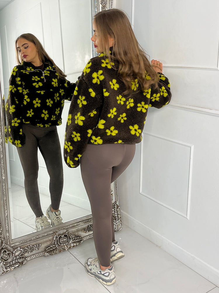 Flower Printed Half Zip Fleece - Brown/Yellow