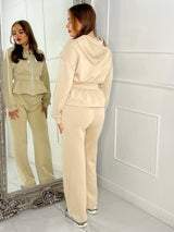 Straight Leg Trousers & Sinch Waist Detail Hoodie Co Ord - Beige