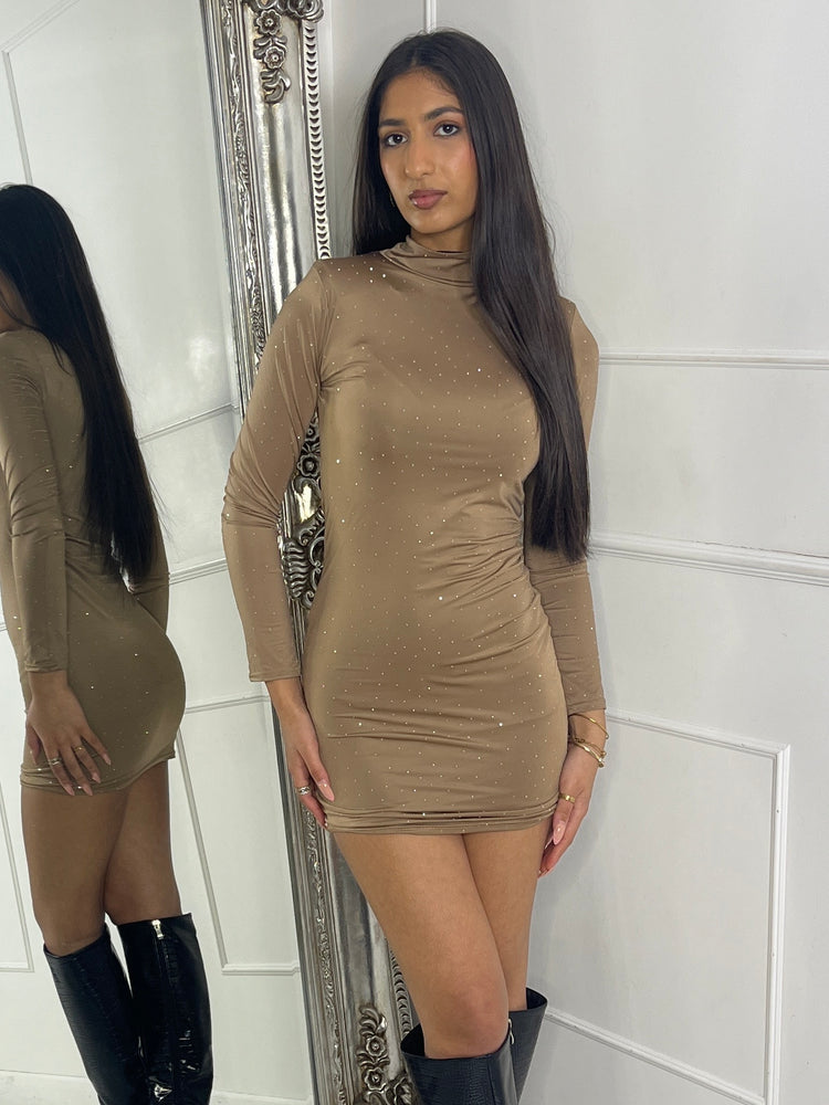 High Neck Diamante Mini Dress - Chocolate