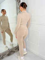 Long Sleeve Second Skin Panel Detail Yoga Top and Leggings Co-Ord - Mocha