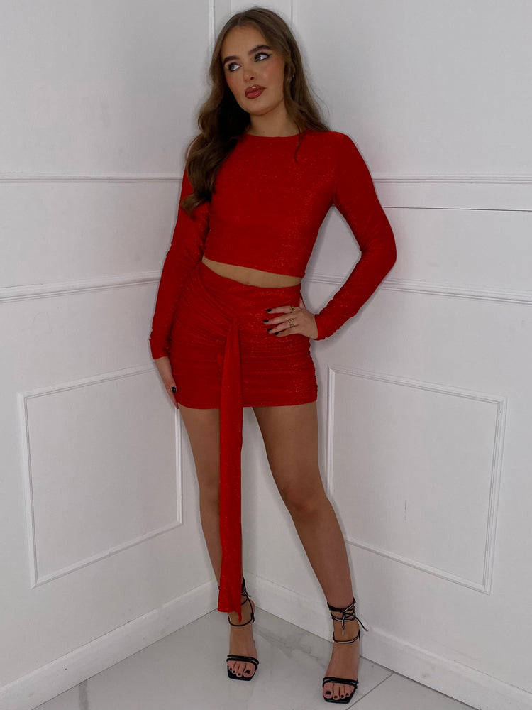 Glitter Drape Skirt Co-Ord - Red