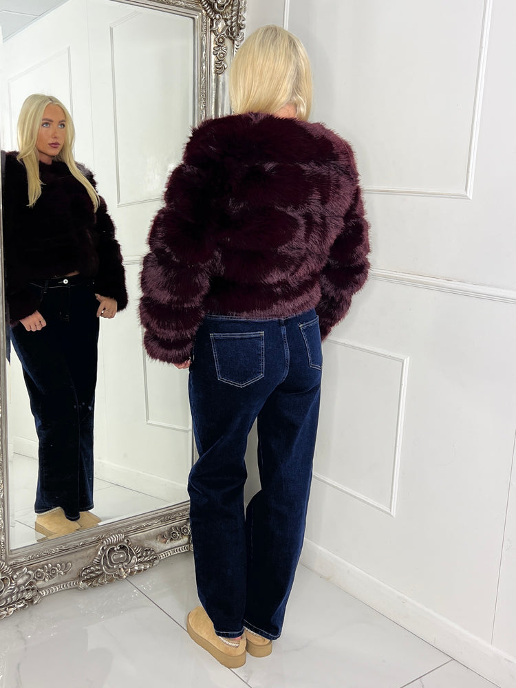 Tiered Faux Fur Round Neck Jacket - Wine