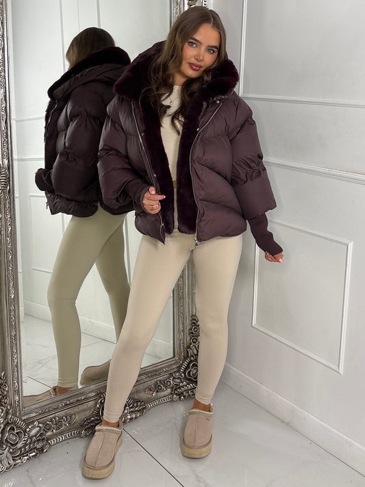 Hooded Puffer Coat With Faux Fur Trim - Brown