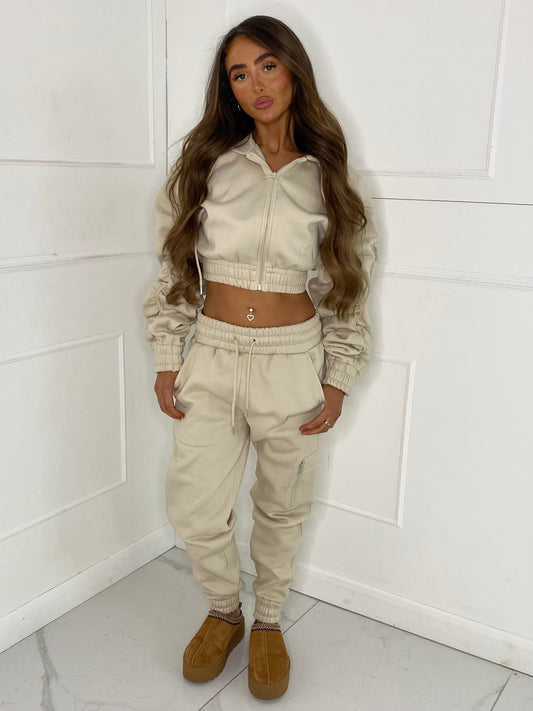 Cropped Ruched Sleeve Hoodie & Jogger Tracksuit - Oatmeal