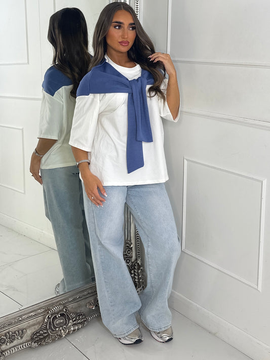 Tennis Style Oversized Tee with Overlay Detail - White/Blue