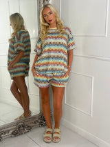 Knitted Crochet Oversized Tee & Matching Shorts Set - Yellow Multi Swirl
