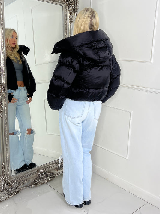 Puffer Coat With Detachable Hood - Black