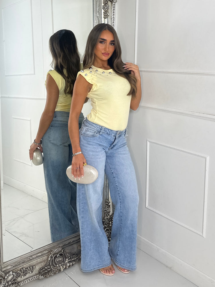Silver Detail Padded Shoulder Tank Top - Lemon Yellow