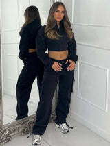 Cargo Pocket Detail Straight Leg Pants & Crop Zip Up Jacket - Black