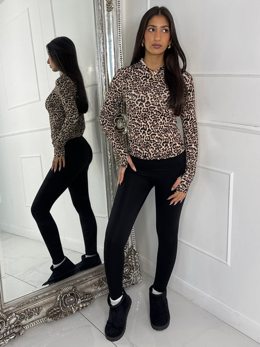 Long Sleeve Second Skin Hooded Top - Leopard Print