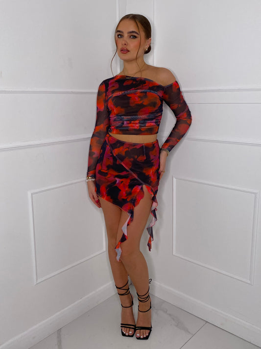 Drape Printed Asymmetric Co-Ord - Red/Black