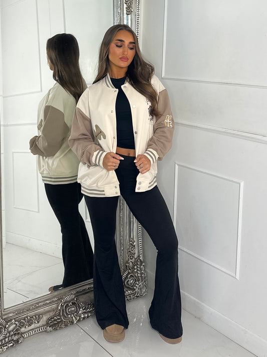 Embroidered Teddy Detail Varsity Jacket - Beige/Cream
