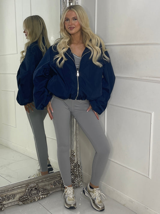 Zip up Puff sleeve oversized windbreaker - Navy Blue