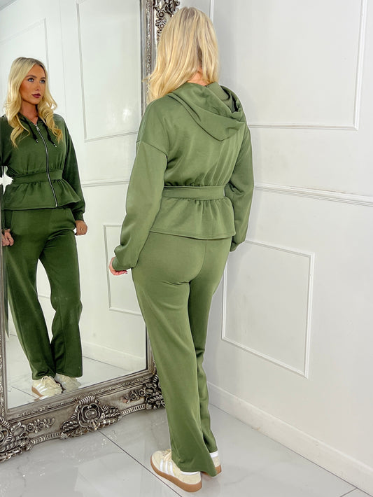 Straight Leg Trousers & Sinch Waist Detail Hoodie Co Ord - Khaki