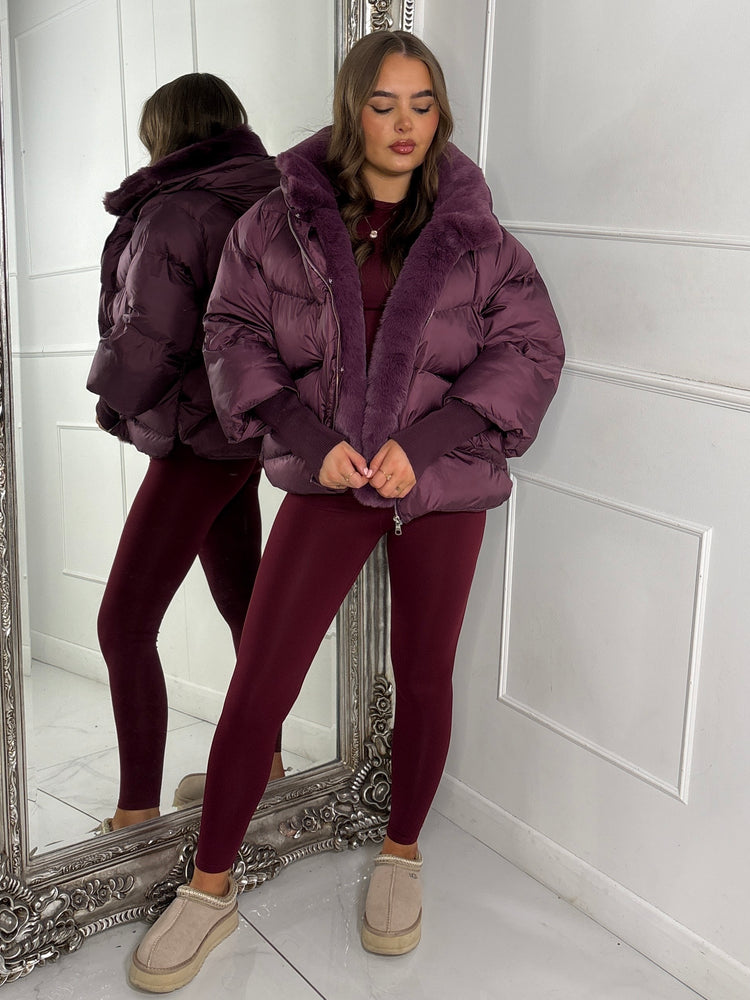 Hooded Puffer Coat With Faux Fur Trim - Wine