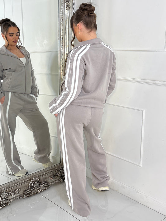 Side Stripe Collared Zip Up Jacket & Joggers Tracksuit - Dove Grey
