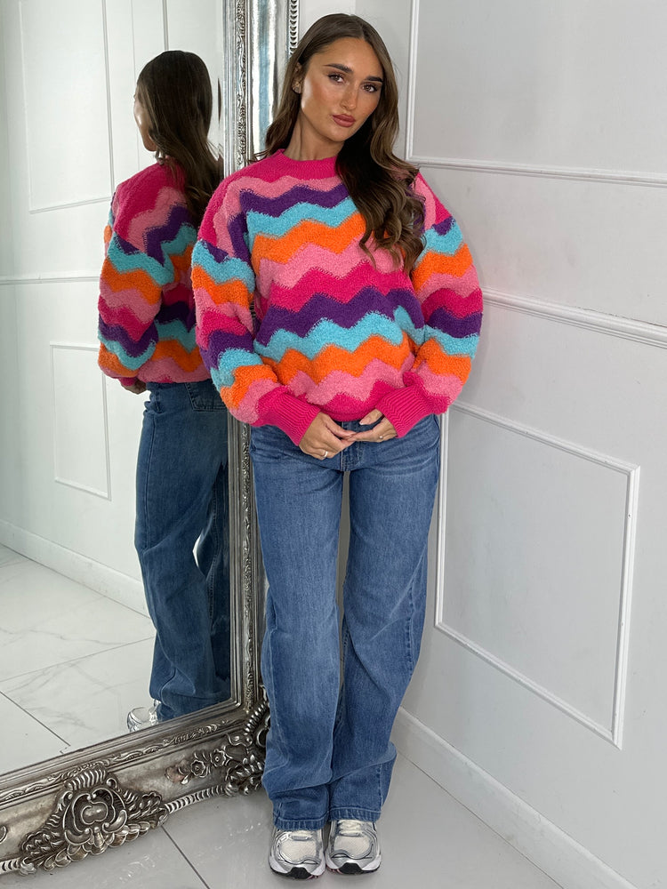 Zig Zag knit Oversized Jumper - Pink/Orange Multi