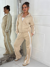 Side Stripe Collared Zip Up Jacket & Joggers Tracksuit - Beige