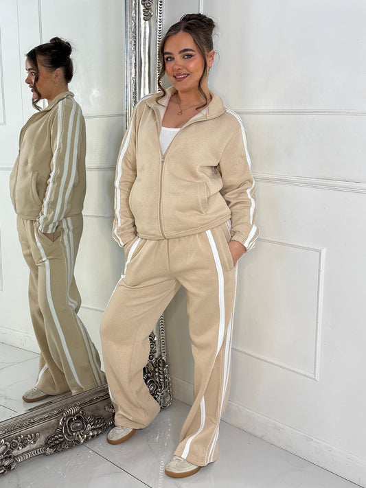 Side Stripe Collared Zip Up Jacket & Joggers Tracksuit - Beige