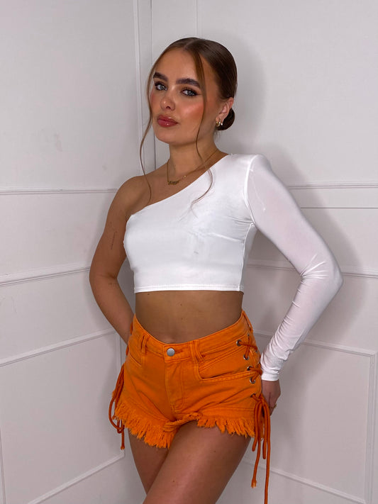 Fringe Detail Denim Lace Up Shorts - Orange/Orange