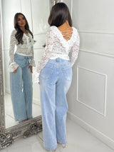 Lace Tie Front Frill Detail Long Sleeve Top - White