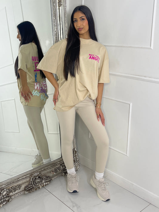 Ribbed Collar Oversized T-Shirt - Beige Not Your Angel Print