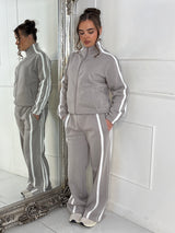 Side Stripe Collared Zip Up Jacket & Joggers Tracksuit - Dove Grey