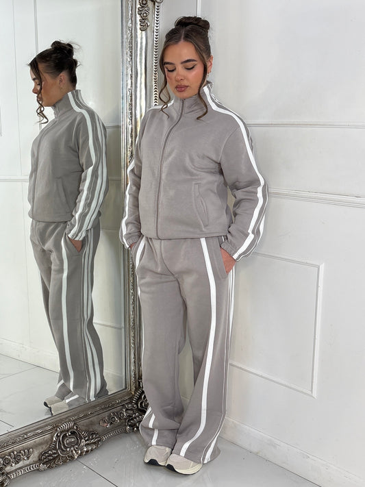 Side Stripe Collared Zip Up Jacket & Joggers Tracksuit - Dove Grey