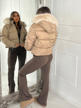 Cropped Faux Fur Trim Padded Jacket - Taupe/Cream