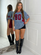 Varsity Oversized Denim Contrast T-shirt - Blue/Wine