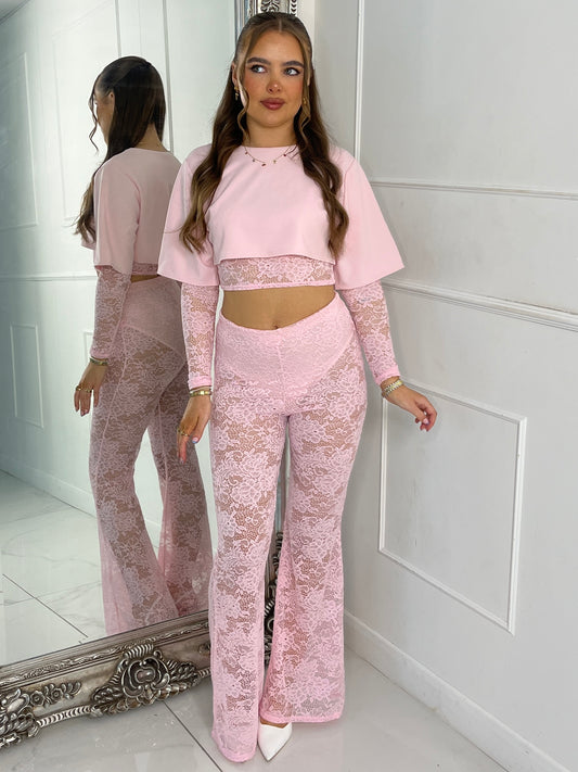 Round neck Lace Sleeves Crop Tee & Built In Baby Pink Knicker Underlayer Lace Flares Co-Ord - Baby Pink