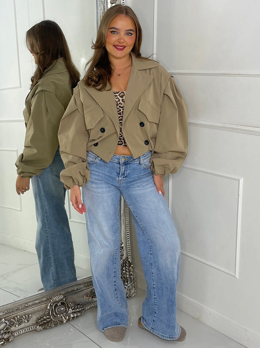 Crop Balloon Sleeve Trench Jacket - Taupe