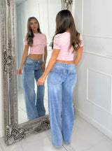Lace Round Neck Frill Top - Baby Pink