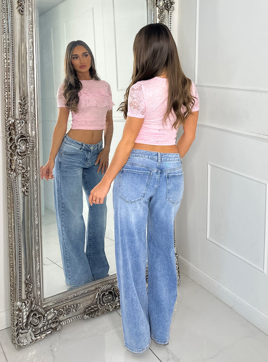 Lace Round Neck Frill Top - Baby Pink
