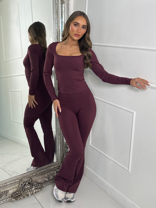 Square Neck Long Sleeve Top & Sculpt Ruched Bum Flares Co-ord - Wine