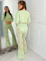 Round neck Lace Sleeves Crop Tee & Built In Black Knicker Underlayer Lace Flares Co-Ord - Sage Green