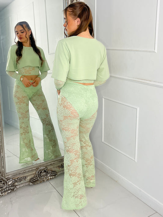 Round neck Lace Sleeves Crop Tee & Built In Black Knicker Underlayer Lace Flares Co-Ord - Sage Green