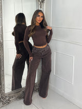 Asymmetric Waist Ombre Diamante Detail Wide Leg Jeans - Brown