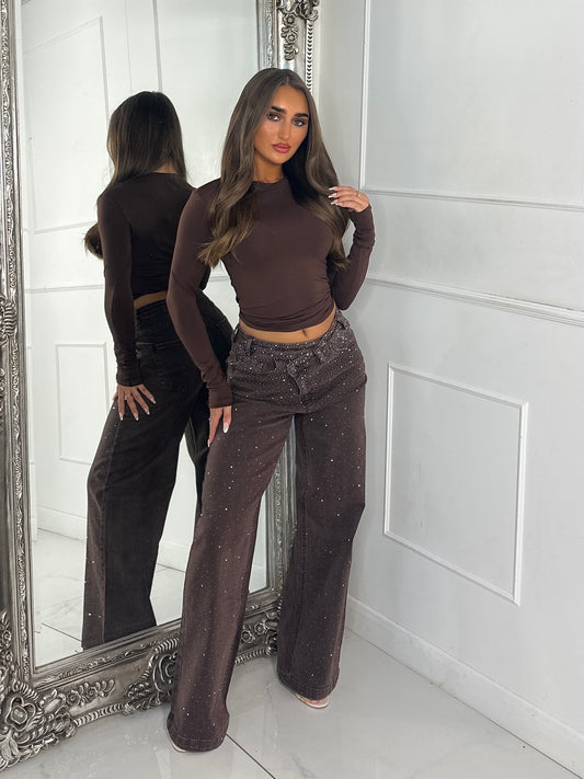 Asymmetric Waist Ombre Diamante Detail Wide Leg Jeans - Brown