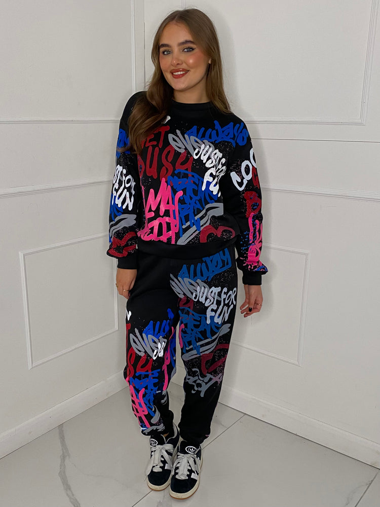 Graffiti Print Tracksuit - Black