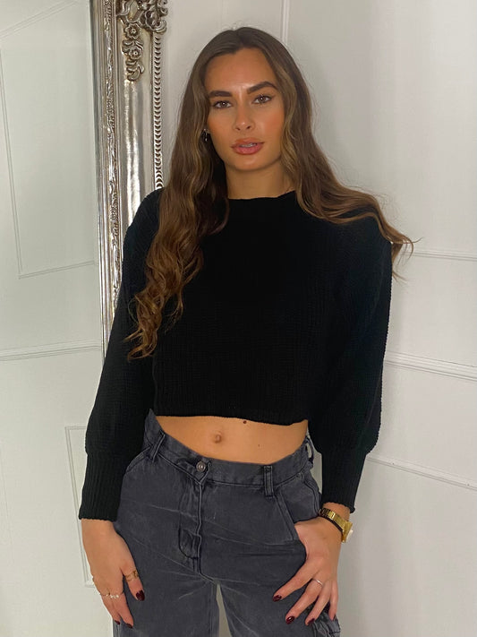Plain Cropped Knitted Jumper - Black