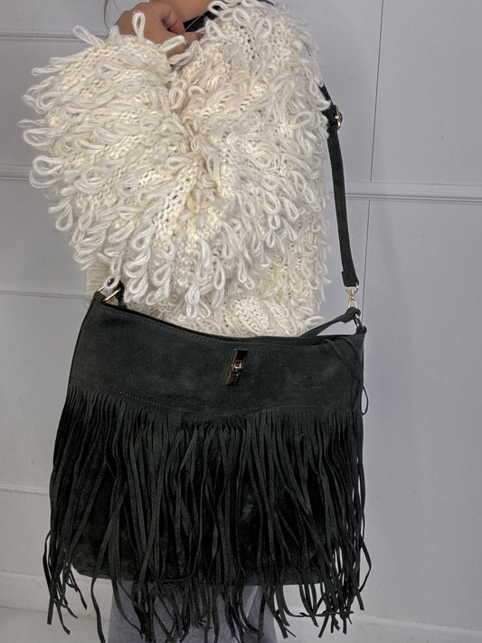 Large Suede Full Tassel Gold Lock Detail Shoulder Bag - Khaki