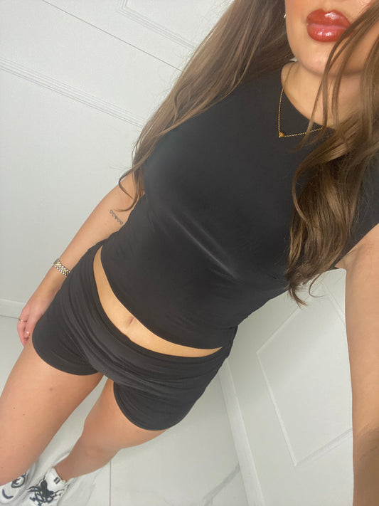 Fold Over Shorts And Crop Top Set - Black