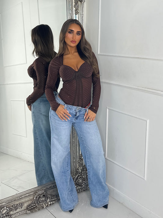 Long Sleeve Diamante Detail Cupped Bodysuit - Chocolate Brown