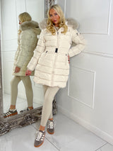 Long Padded Belted Coat With Faux Fur Hood - Cream